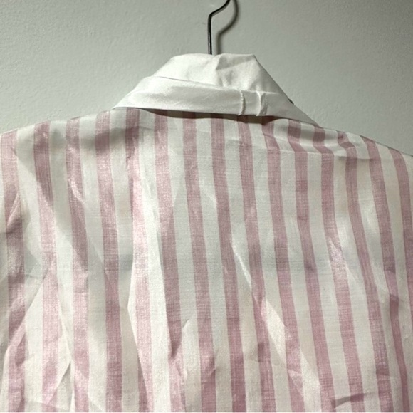 💙 Vintage Savant Pink White Striped Tie Neck Secretary Blouse Size Large Retro - Picture 11 of 16